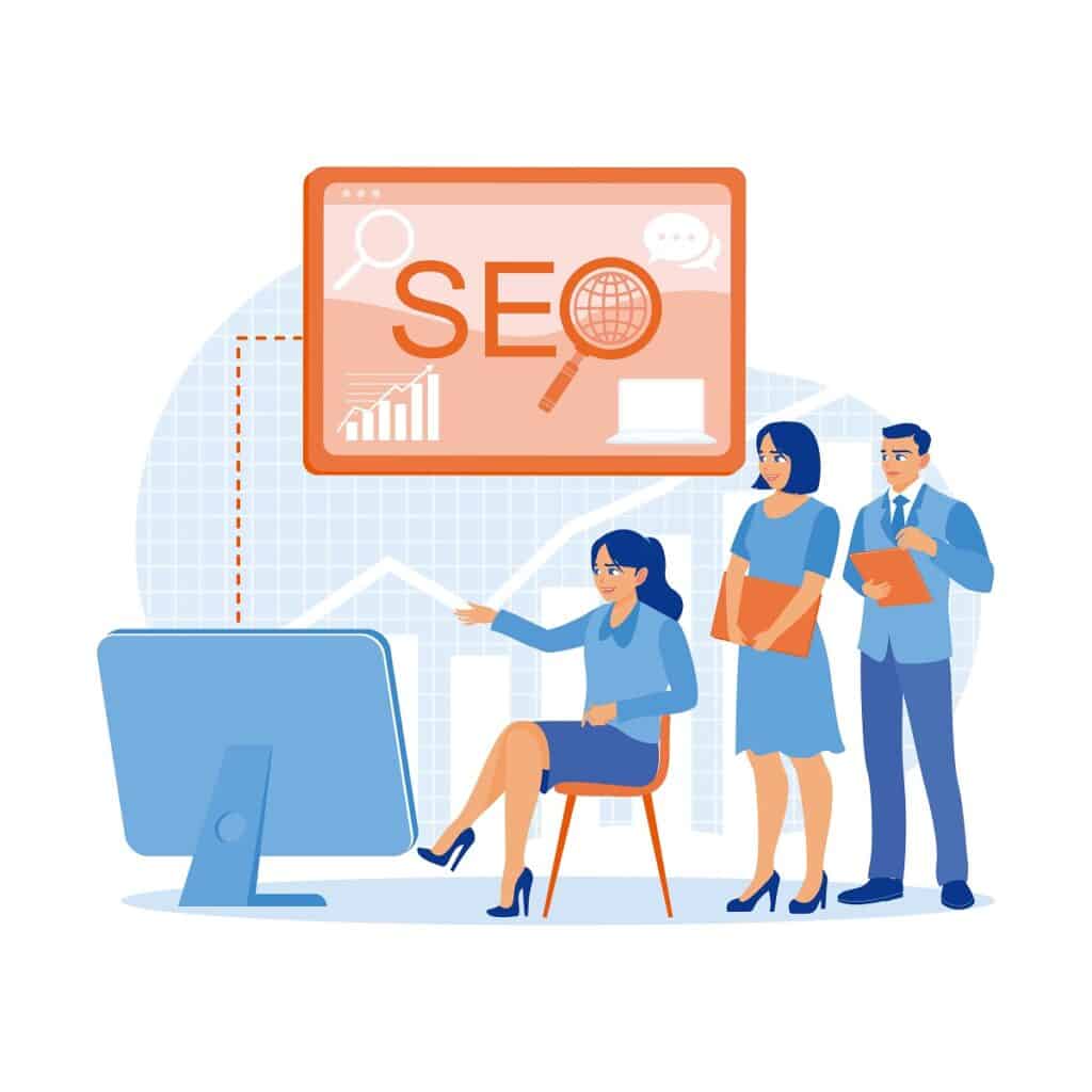 Marketing team meeting together in the office room. Optimizing SEO search engines for modern e commerce and online retail businesses via computer. SEO concept. Trend Modern vector flat illustration